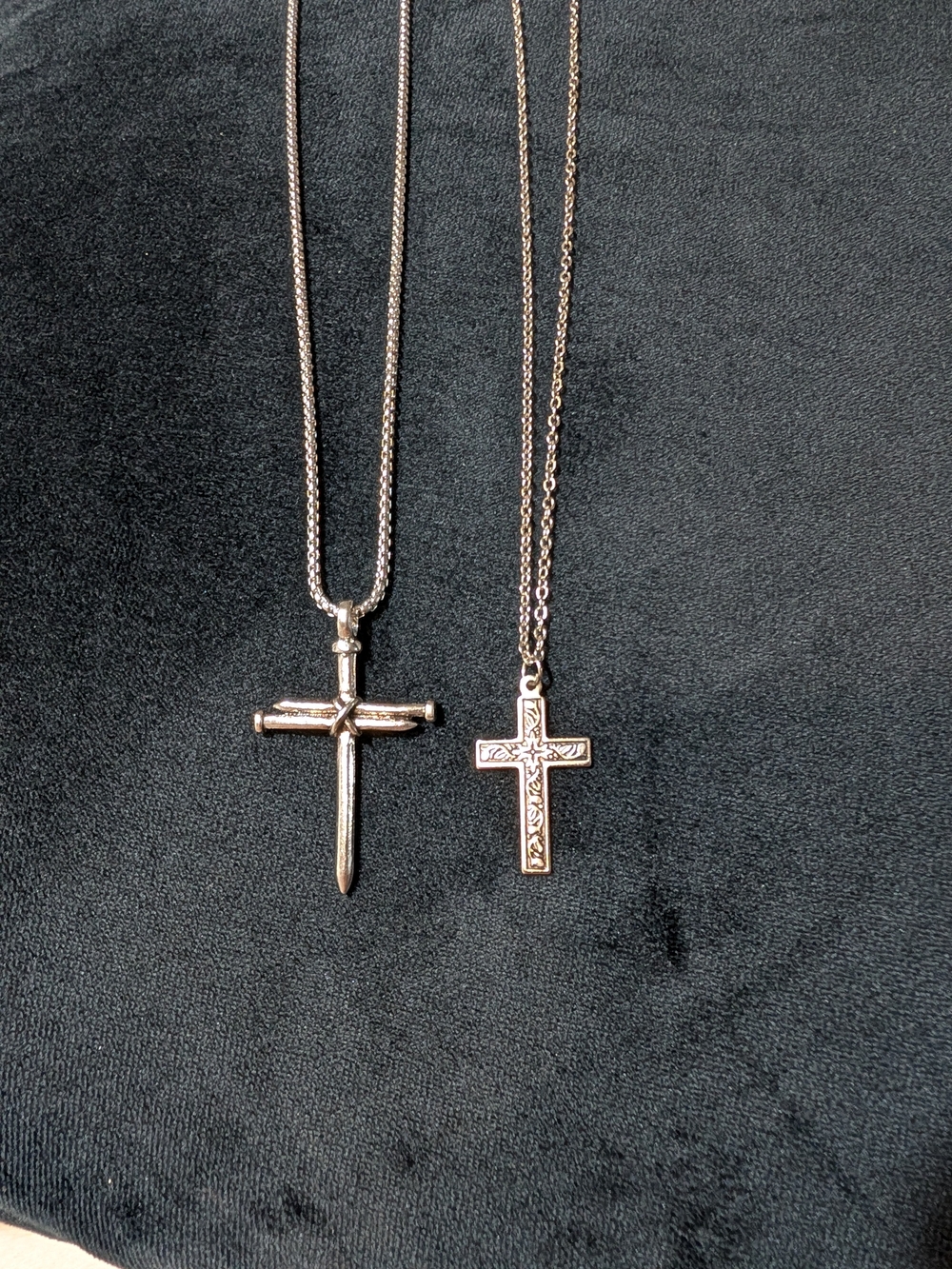 Lot of 2 Silver Tone Cross Charm Pendant Chain Necklaces Religious